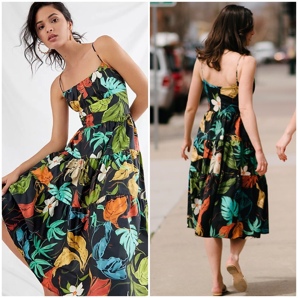 RARE NWT ANTHROPOLOGIE DELFI BOTANICAL PALMS TIERED MIDI DRESS - Picture 3 of 9
